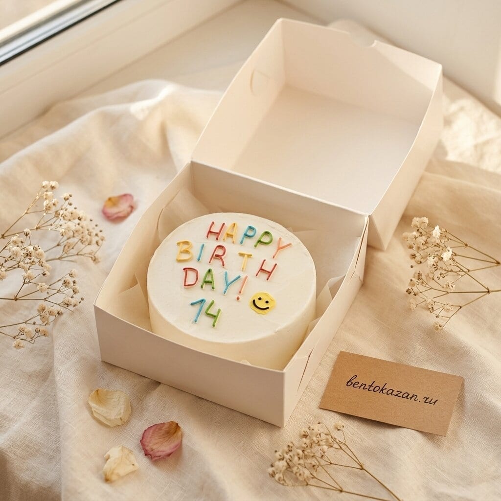 Бенто-торт с надписью Happy Birthday и смайликом на 14 лет