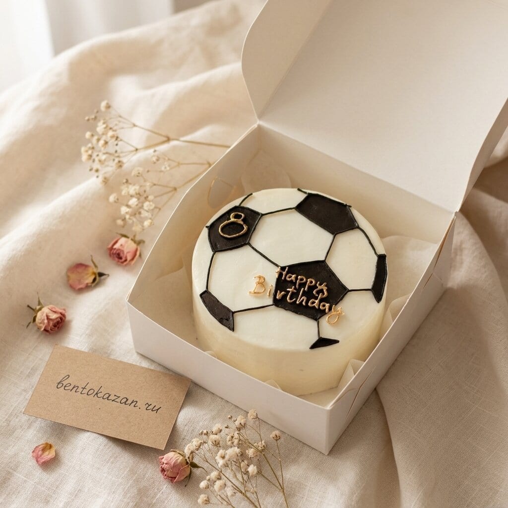 Белый детский бенто торт с футбольным мячом и надписью Happy Birthday