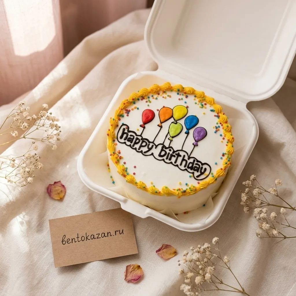 Бенто-торт с воздушными шарами, посыпками и надписью Happy Birthday
