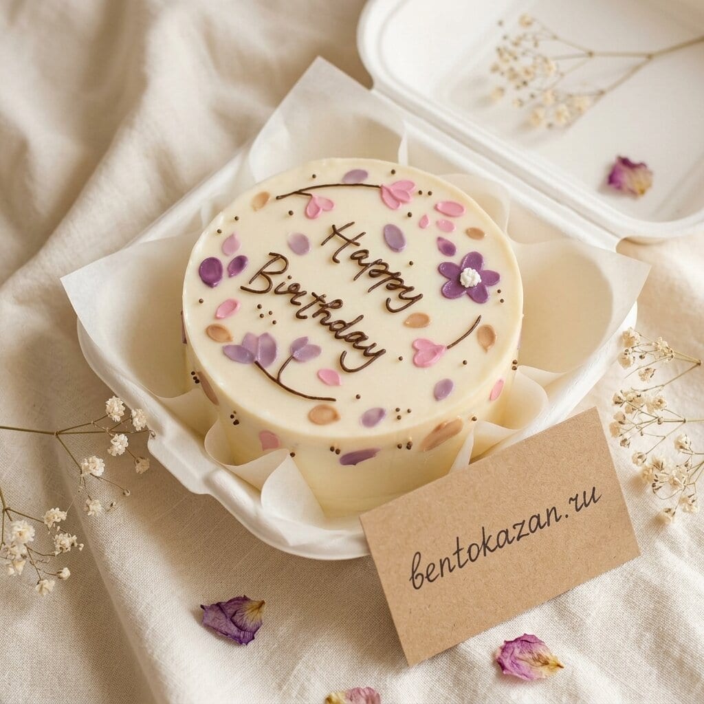Бенто-торт с сиреневыми цветами и надписью Happy Birthday
