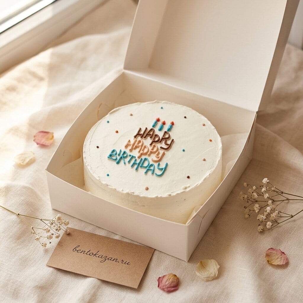 Бенто-торт с разноцветной надписью Happy Birthday и тремя свечками