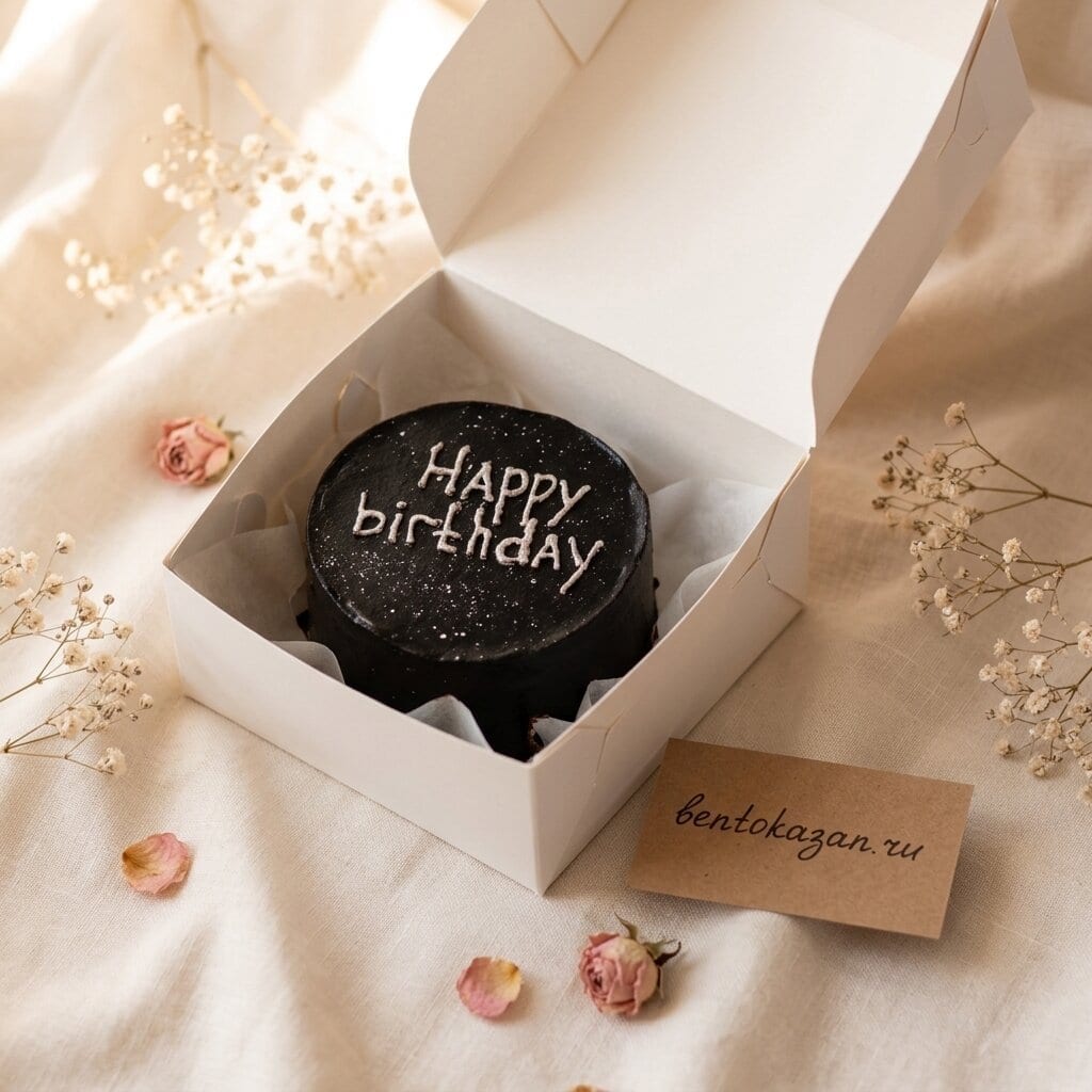 Тёмный бенто-торт с серебристой надписью Happy Birthday