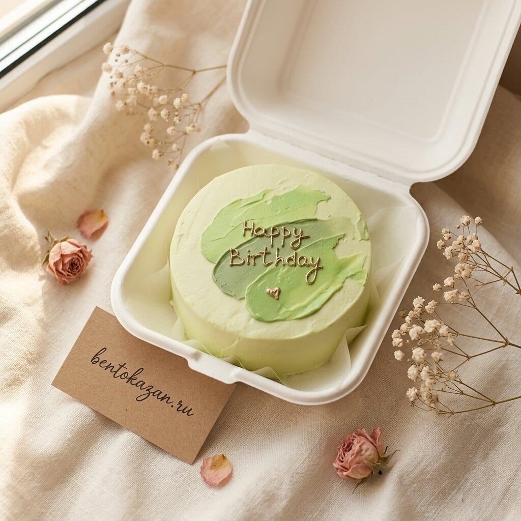 Нежно-зелёный бенто-торт с золотой надписью Happy Birthday