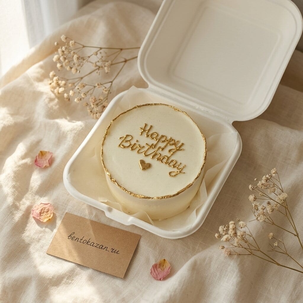 Бенто-торт с золотой окружностью, сердечком и надписью Happy Birthday