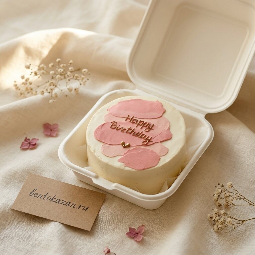 Бенто-торт с розовыми мазками и золотой надписью Happy Birthday