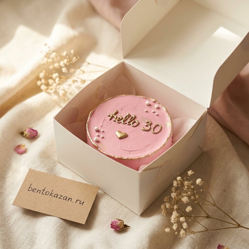 Розовый бенто-торт Hello 30 с золотой надписью