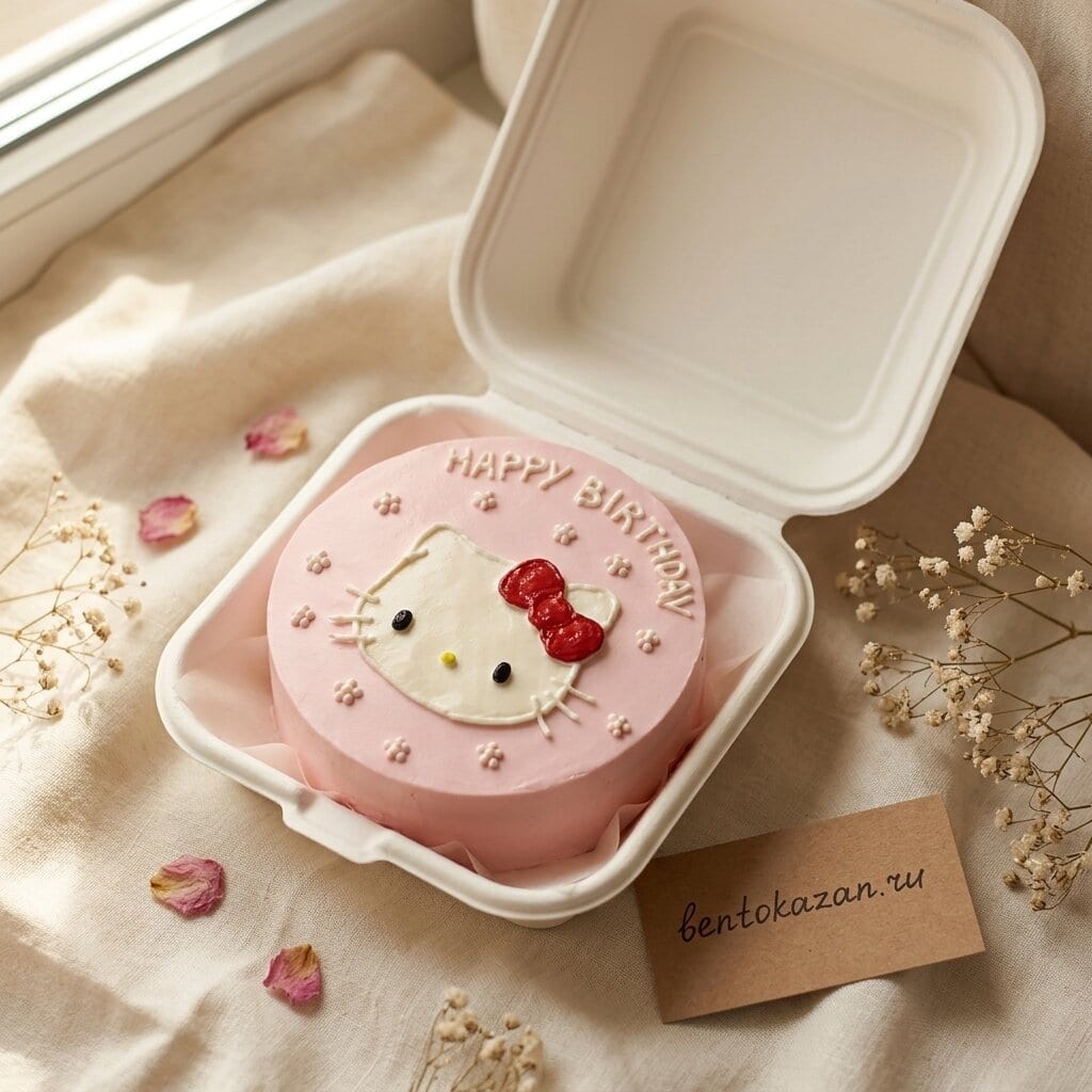 Розовый бенто-торт с Hello Kitty и надписью Happy Birthday