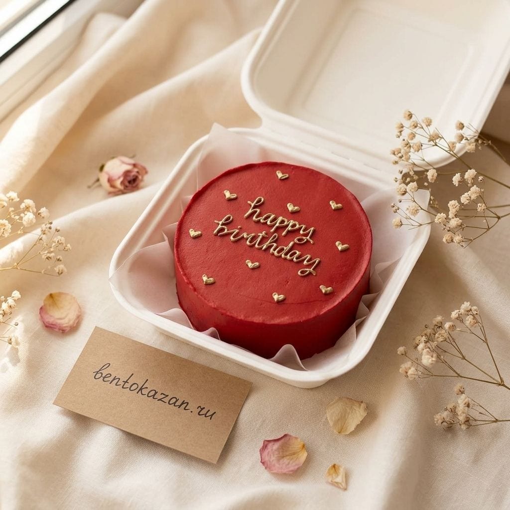 Красный бенто-торт «Бархат» с золотой надписью Happy Birthday и сердечками