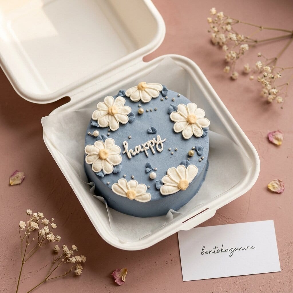 Синий бенто торт с белыми цветочками и надписью Happy Birthday